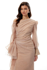 Pietro Khaki Asymmetrical Gathered Midi Dress