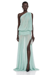 Pippa Green One Shoulder Pleated Maxi Dress