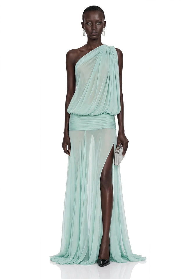 Pippa Green One Shoulder Pleated Maxi Dress