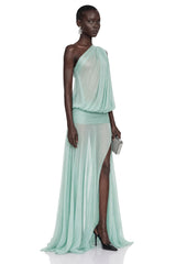 Pippa Green One Shoulder Pleated Maxi Dress