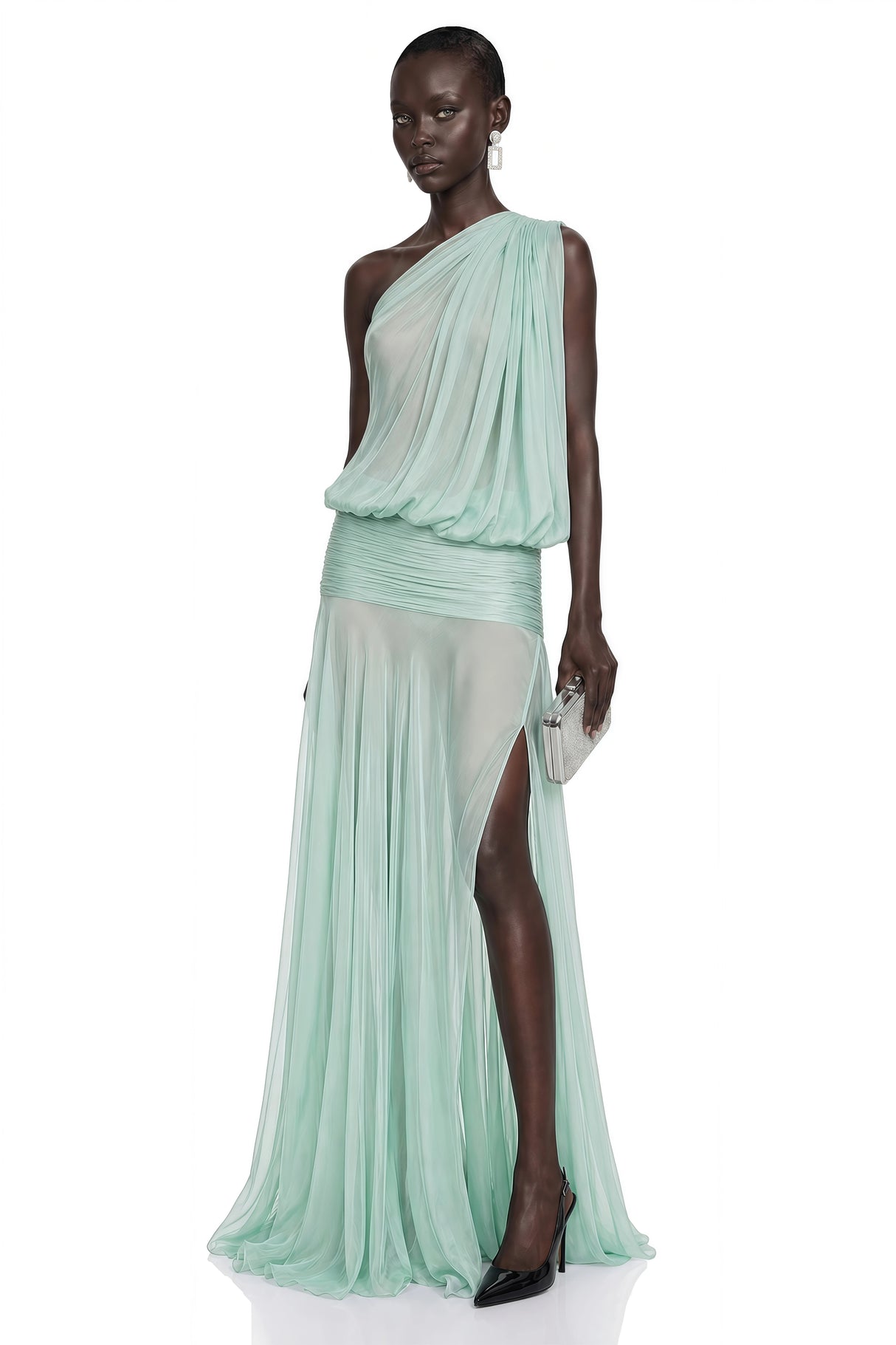 Pippa Green One Shoulder Pleated Maxi Dress
