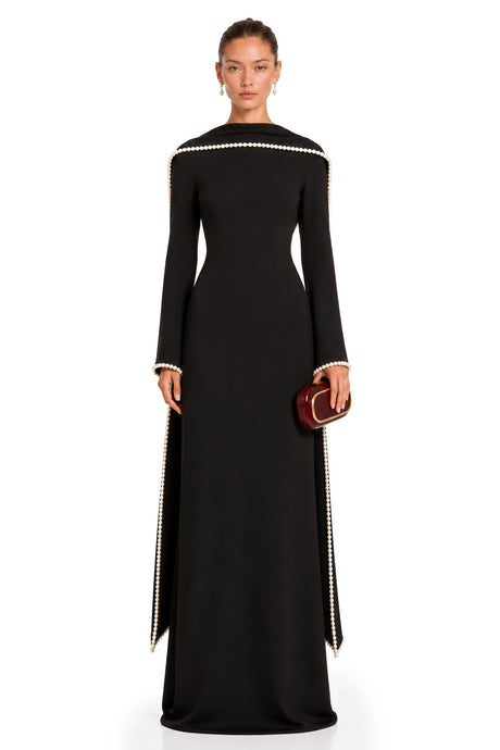 Ninfa Maxi Dress Black Pearl Trim Shawl Detail