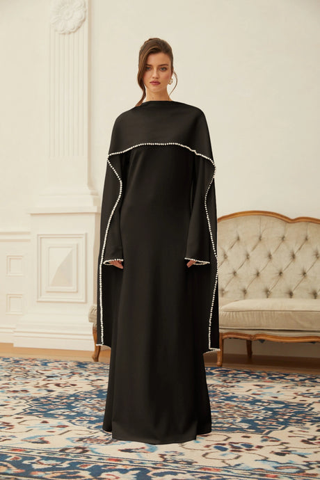 Pasquina Maxi Dress Black Pearl Trim Shawl Detail