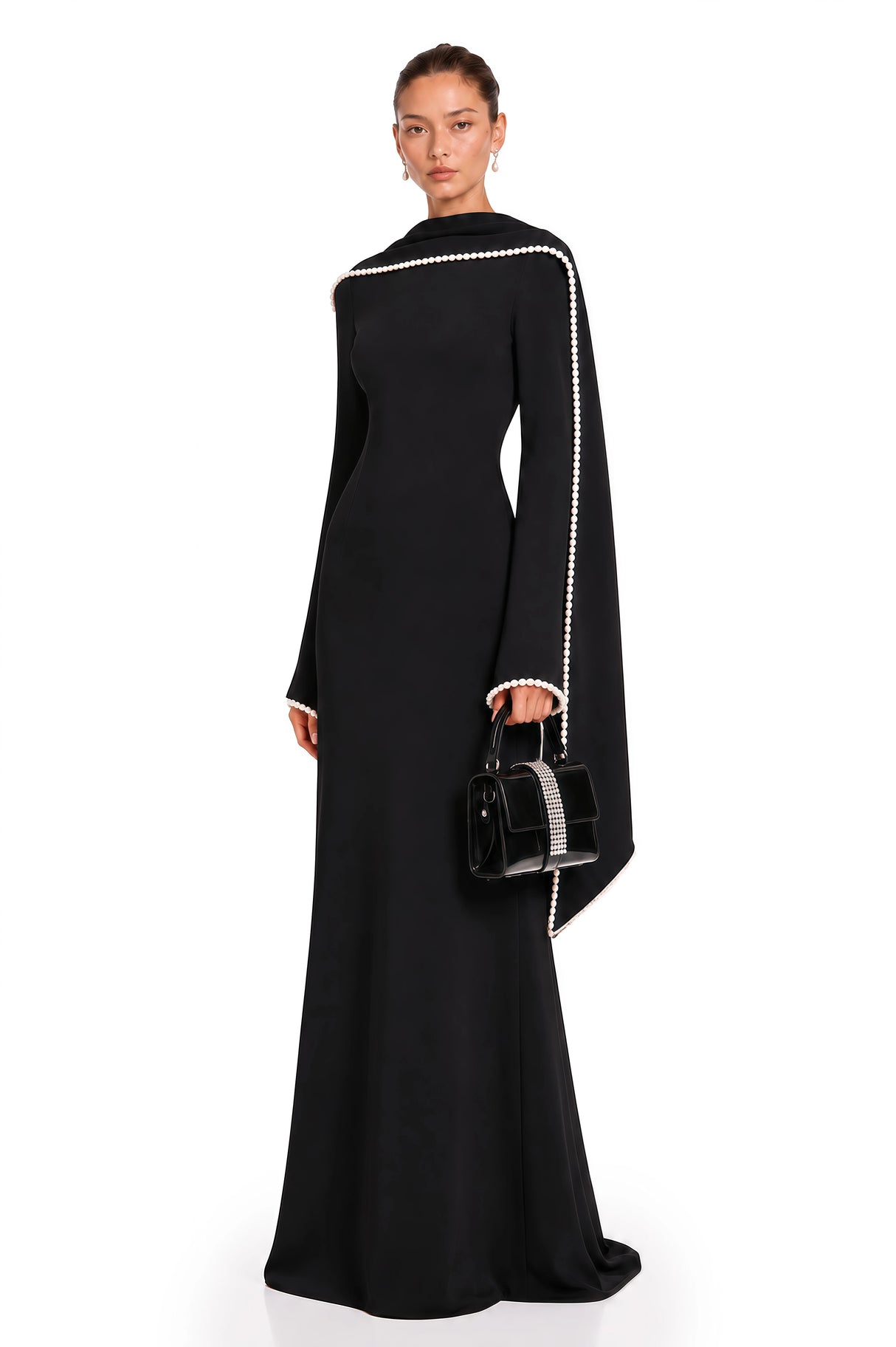 Piroska Black Pearl Trim Shawl Detail Maxi Dress