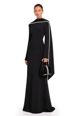 Piroska Black Pearl Trim Shawl Detail Maxi Dress