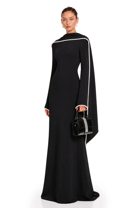 Ninfa Maxi Dress Black Pearl Trim Shawl Detail