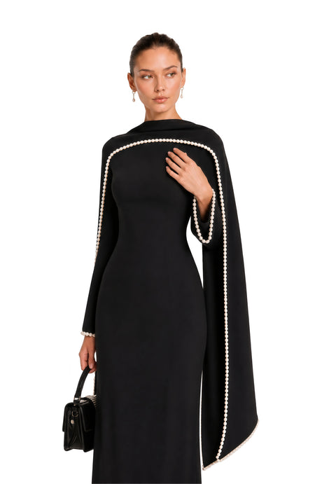 Ninfa Maxi Dress Black Pearl Trim Shawl Detail