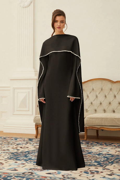 Pasquina Maxi Dress Black Pearl Trim Shawl Detail