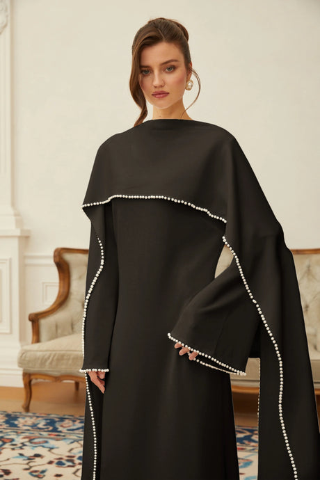 Pasquina Maxi Dress Black Pearl Trim Shawl Detail