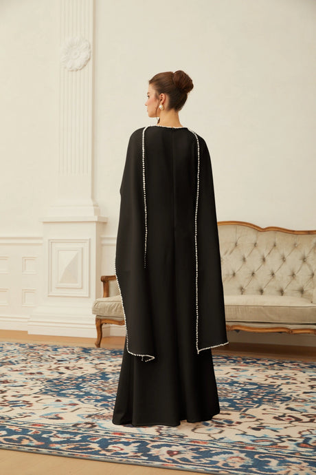 Pasquina Maxi Dress Black Pearl Trim Shawl Detail