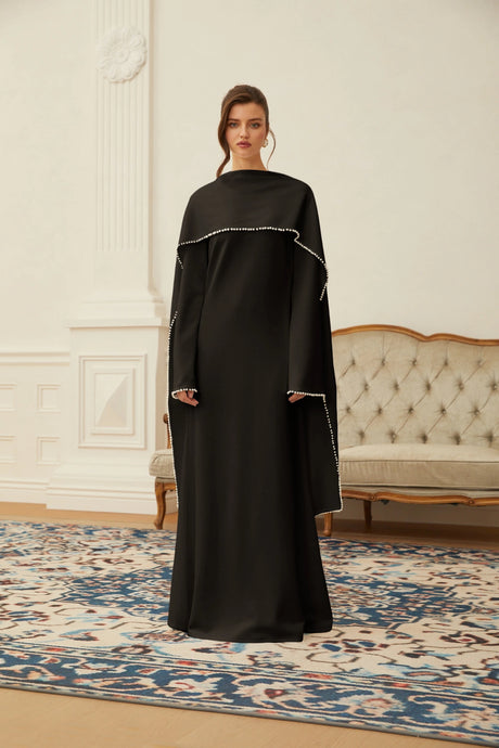 Pasquina Maxi Dress Black Pearl Trim Shawl Detail