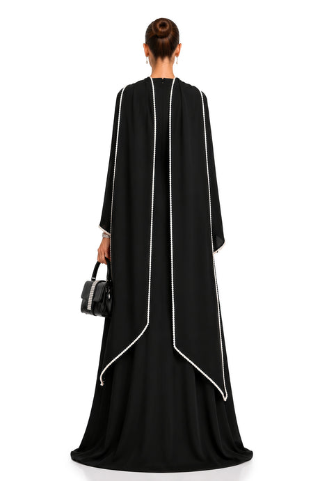 Ninfa Maxi Dress Black Pearl Trim Shawl Detail