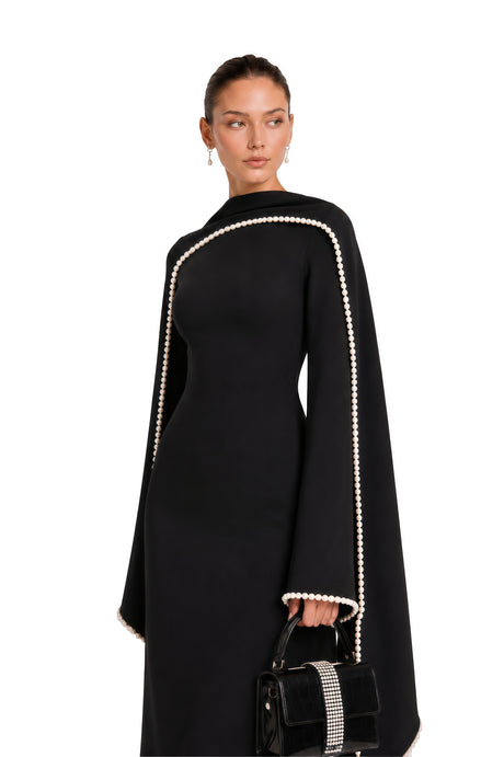 Ninfa Maxi Dress Black Pearl Trim Shawl Detail