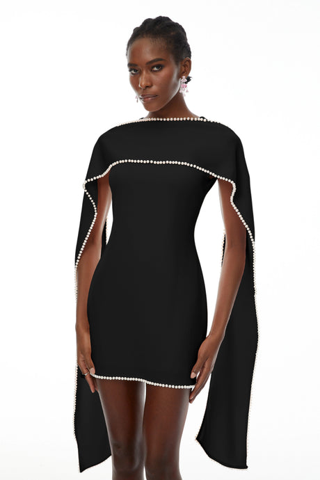 Anita Mini Dress Black Sleeveless Pearl Trim