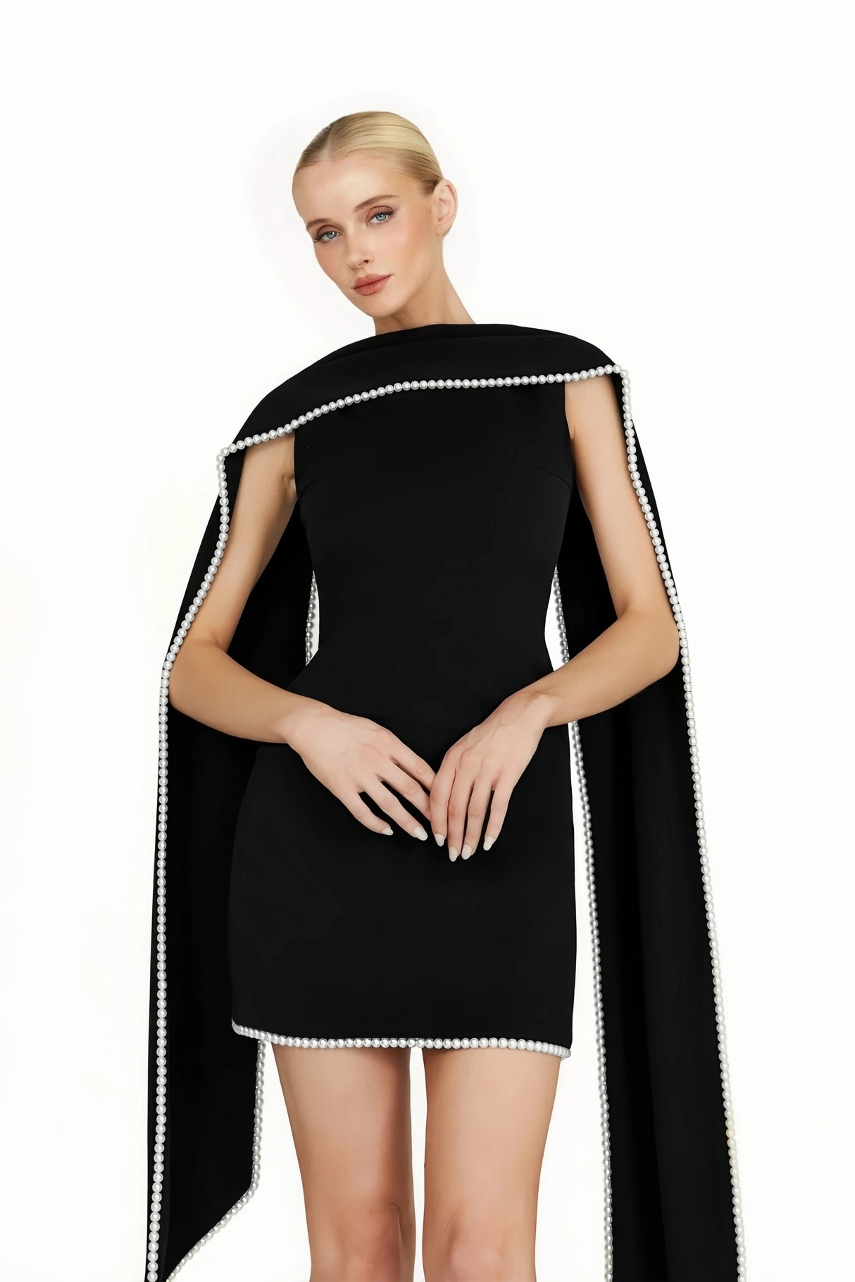 Piroska Black Sleeveless Pearl Trim Mini Dress