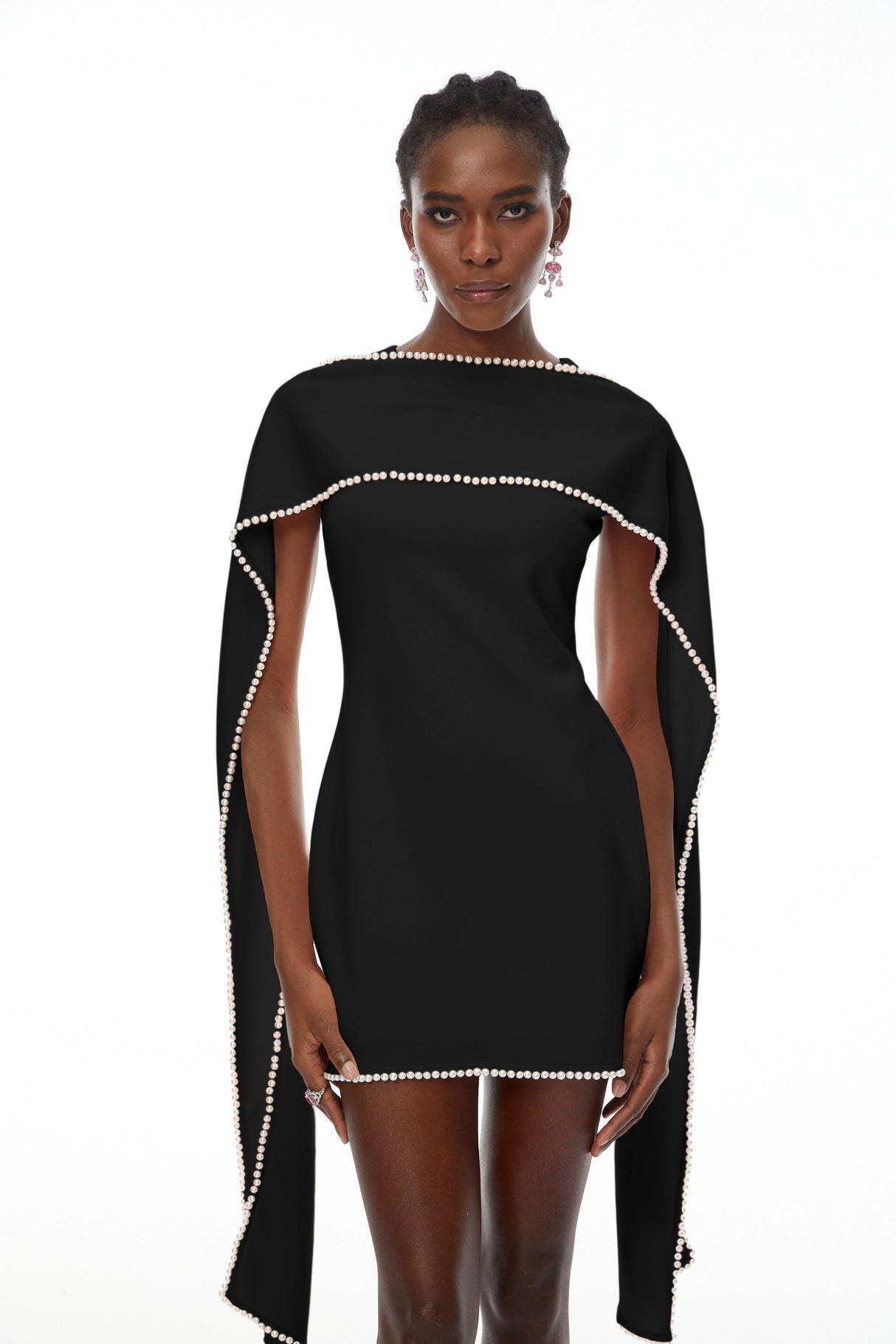 Piroska Black Sleeveless Pearl Trim Mini Dress