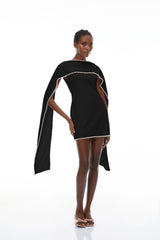 Piroska Black Sleeveless Pearl Trim Mini Dress