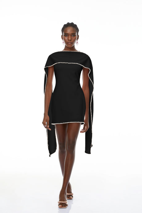 Anita Mini Dress Black Sleeveless Pearl Trim