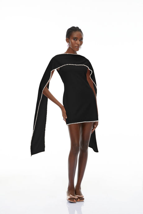 Anita Mini Dress Black Sleeveless Pearl Trim