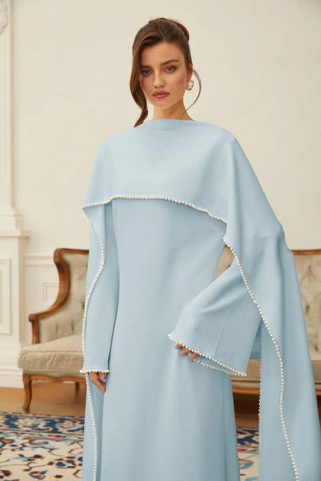 Brielle Maxi Dress Blue Pearl Trim Shawl Detail