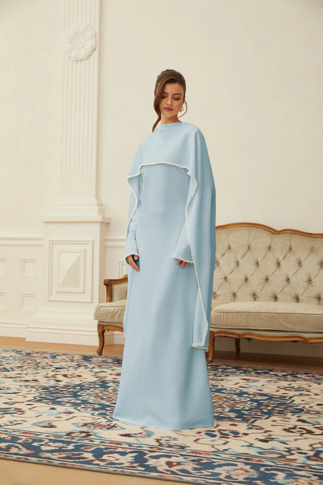 Brielle Maxi Dress Blue Pearl Trim Shawl Detail