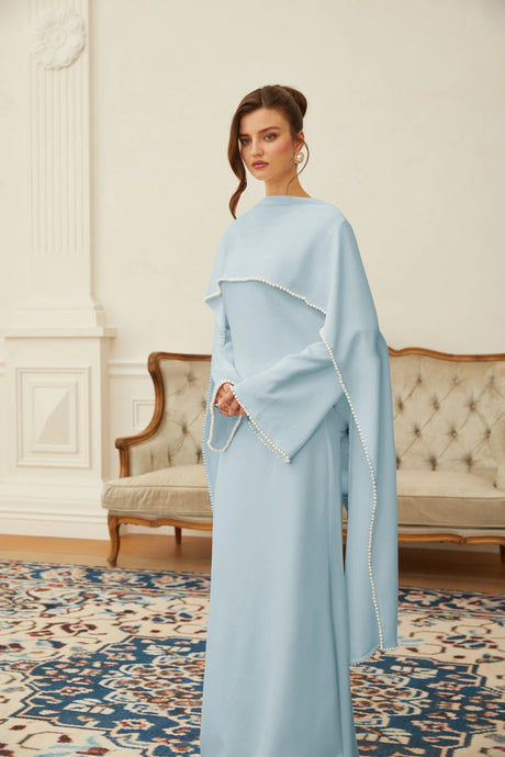 Brielle Maxi Dress Blue Pearl Trim Shawl Detail