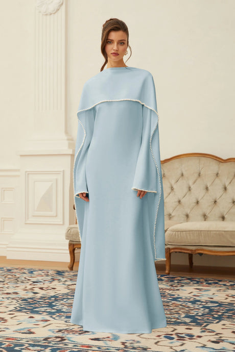 Brielle Maxi Dress Blue Pearl Trim Shawl Detail