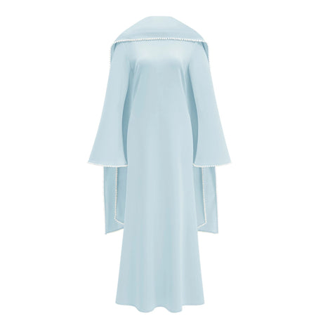 Hattie Maxi Dress Blue Pearl Trim Shawl Detail