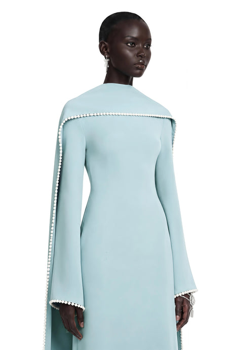 Aubree Maxi Dress Blue Pearl Trim Shawl Detail