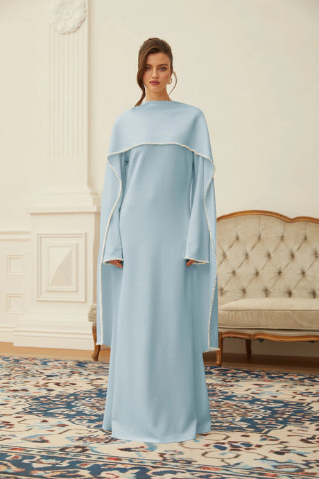Hattie Maxi Dress Blue Pearl Trim Shawl Detail