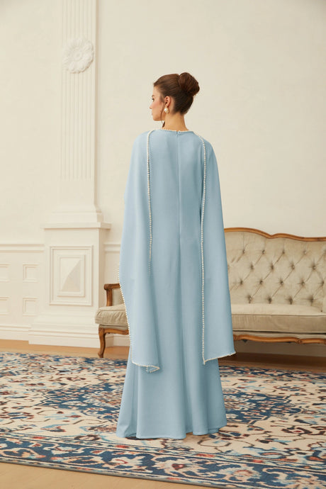 Brielle Maxi Dress Blue Pearl Trim Shawl Detail