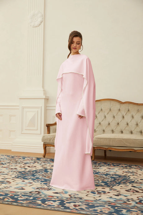 Laney Maxi Dress Pink Pearl Trim Shawl Detail