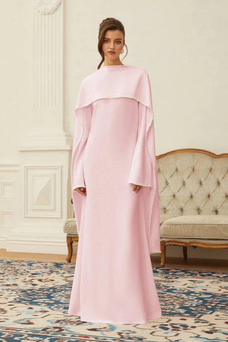 Laney Maxi Dress Pink Pearl Trim Shawl Detail