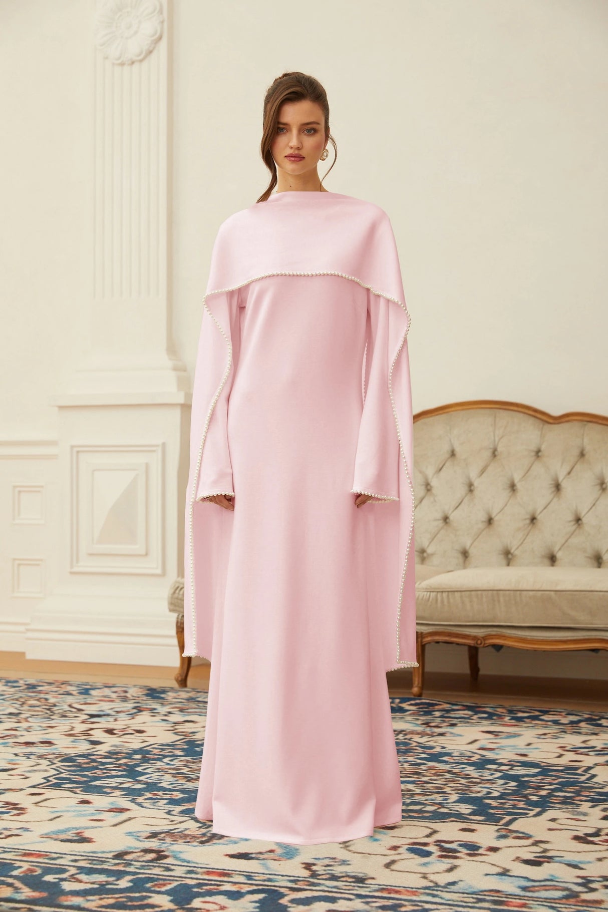 Piroska Pink Pearl Trim Shawl Detail Maxi Dress