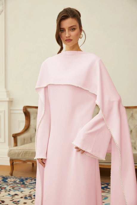 Laney Maxi Dress Pink Pearl Trim Shawl Detail