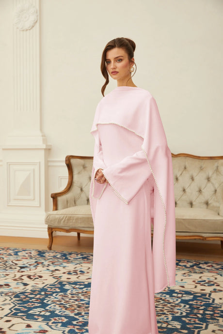 Laney Maxi Dress Pink Pearl Trim Shawl Detail
