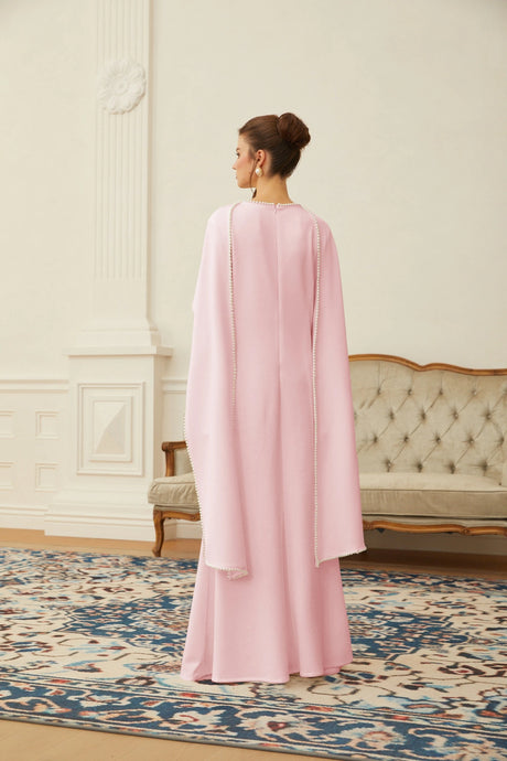 Laney Maxi Dress Pink Pearl Trim Shawl Detail
