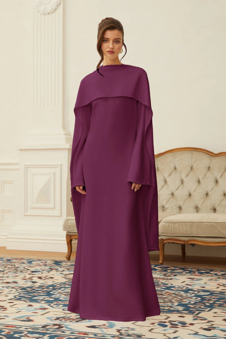 Isabella Maxi Dress Purple Pearl Trim Shawl Detail