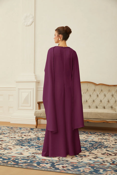Isabella Maxi Dress Purple Pearl Trim Shawl Detail