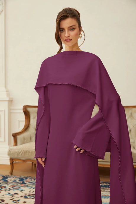 Isabella Maxi Dress Purple Pearl Trim Shawl Detail