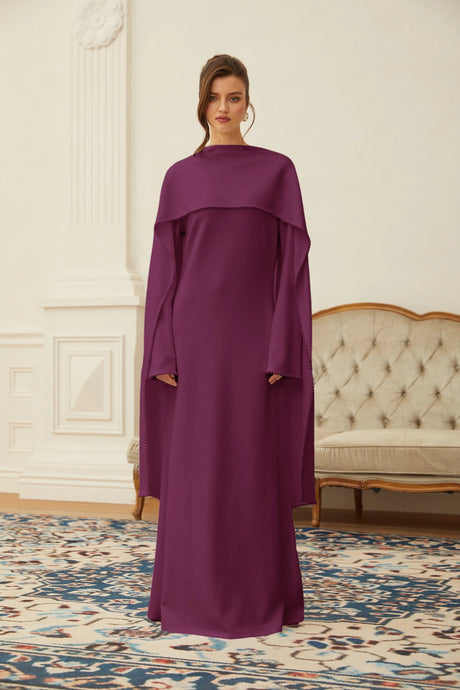 Isabella Maxi Dress Purple Pearl Trim Shawl Detail