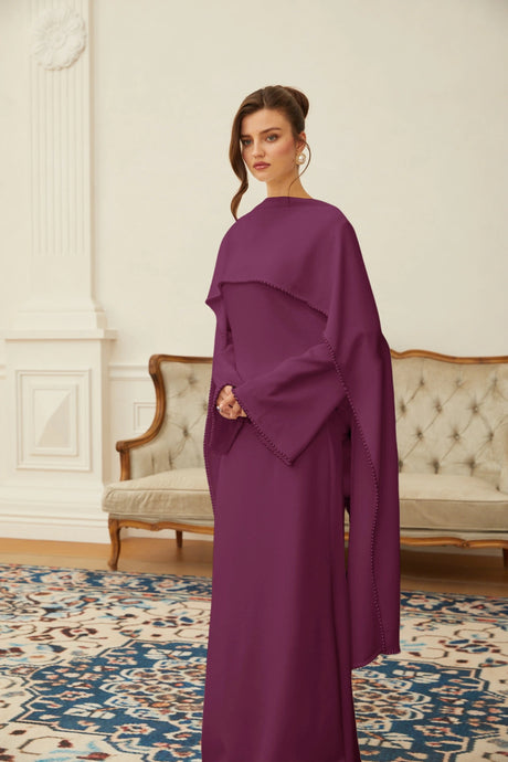 Isabella Maxi Dress Purple Pearl Trim Shawl Detail