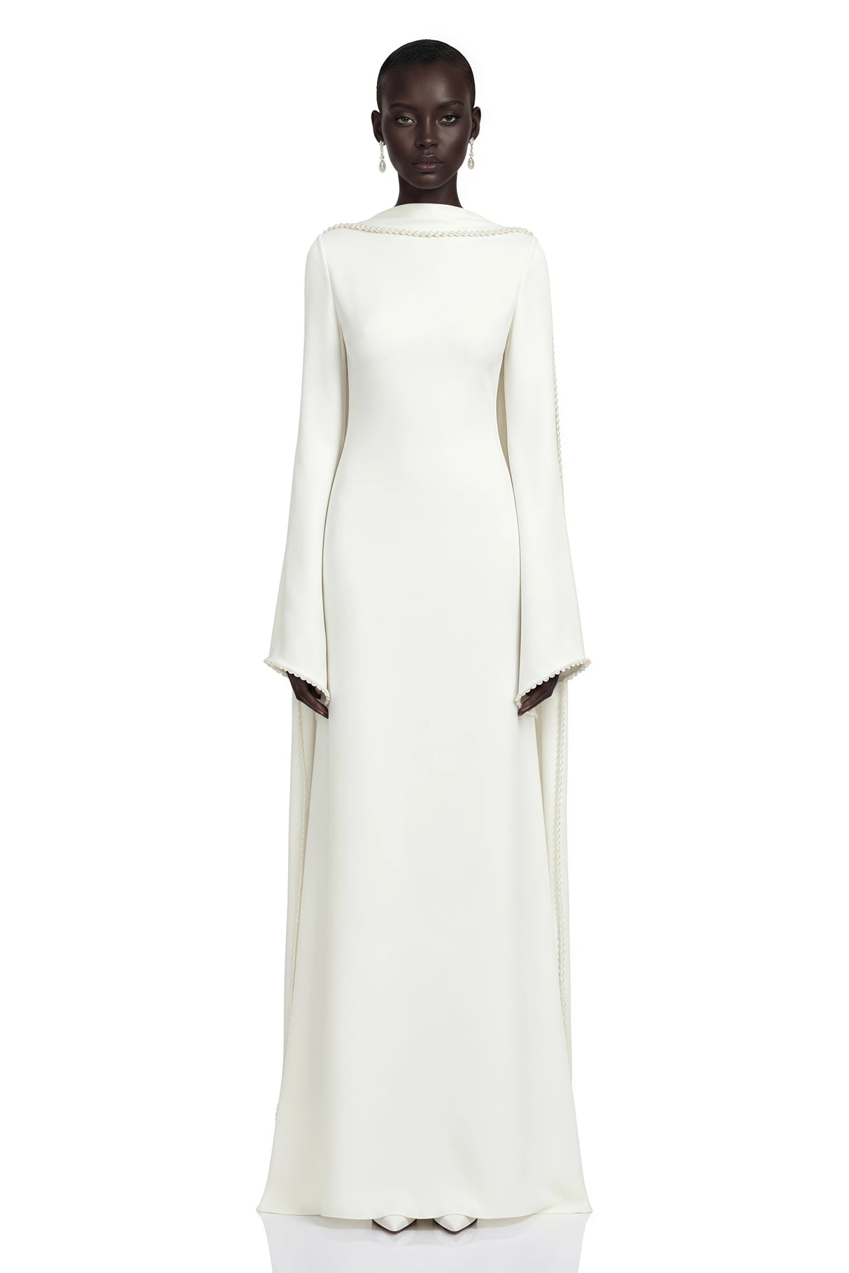 Piroska White Pearl Trim Shawl Detail Maxi Dress