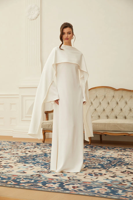 Silvana Maxi Dress White Pearl Trim Shawl Detail
