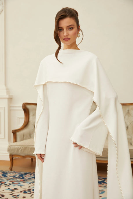 Silvana Maxi Dress White Pearl Trim Shawl Detail