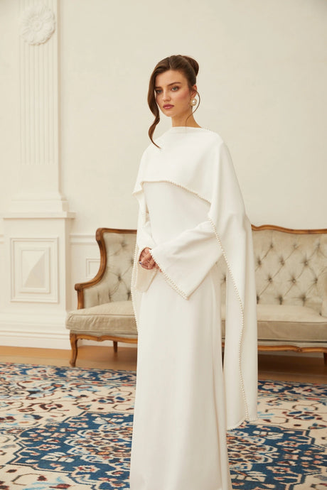 Silvana Maxi Dress White Pearl Trim Shawl Detail
