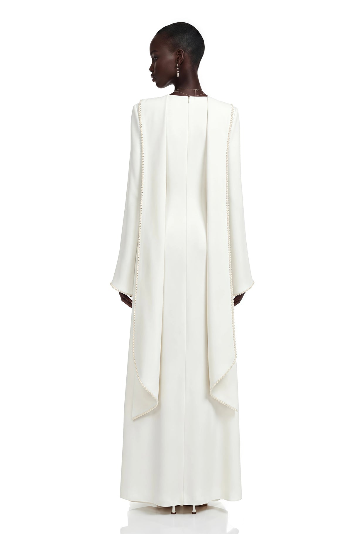 Piroska White Pearl Trim Shawl Detail Maxi Dress
