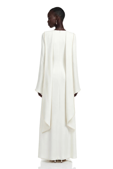 Cristina Maxi Dress White Pearl Trim Shawl Detail