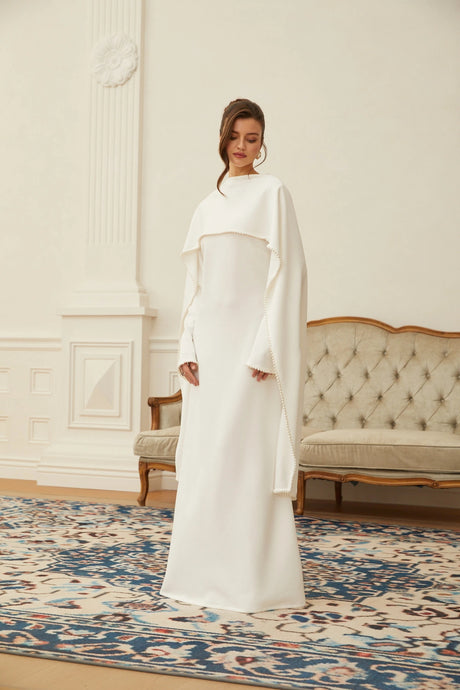 Silvana Maxi Dress White Pearl Trim Shawl Detail