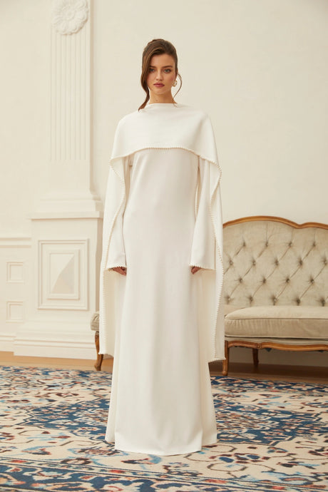 Silvana Maxi Dress White Pearl Trim Shawl Detail